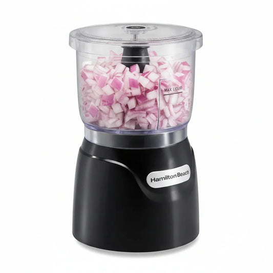 Hamilton Beach food chopper with diced red onions, ideal for kitchen prep and cooking tasks
