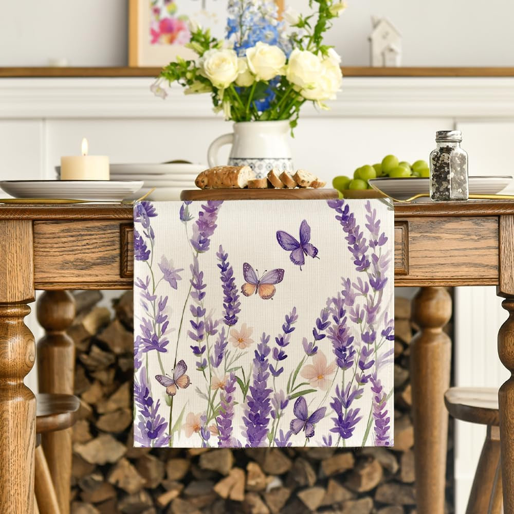 Purple Lavender Floral Butterflies Spring Table Runner, Seasonal Summer Kitchen Dining Table Decoration for Home Party Decor 13X72 Inch