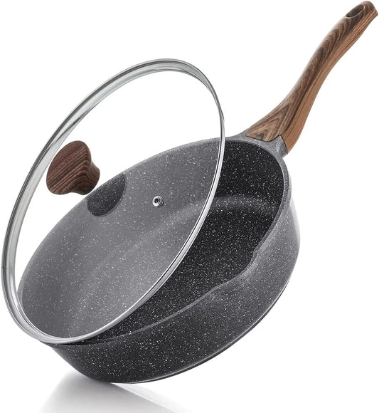 Nonstick Skillet, Deep Frying Pan 10/11/12-Inch, Saute Pan with Lid, Stay-Cool Handle, Healthy Stone Cookware Cooking Pan, Induction Compatible (10-Inch/3.5Qt)