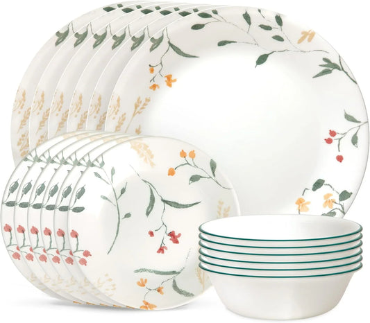 Vitrelle 18 Piece Glass Dinnerware Sets Service for 6, Triple Layer Chip & Crack Resistant Glass Plate and Bowl Sets, Wildflower
