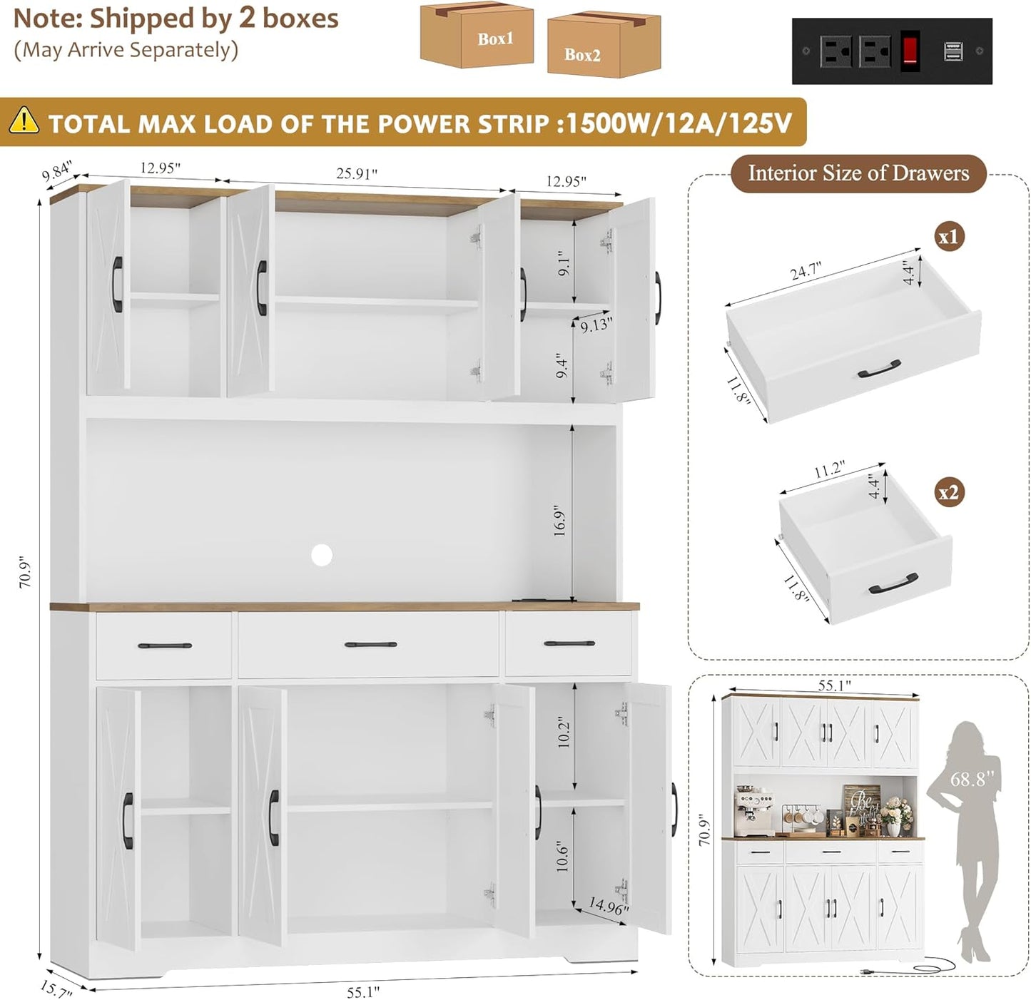 71" Tall Pantry Cabinet with Charging Station, 55" Wide Kitchen Pantry Storage Cabinet with Countertop, Large Kitchen Hutch with Storage Drawers and Microwave Stand for Dining Room, White