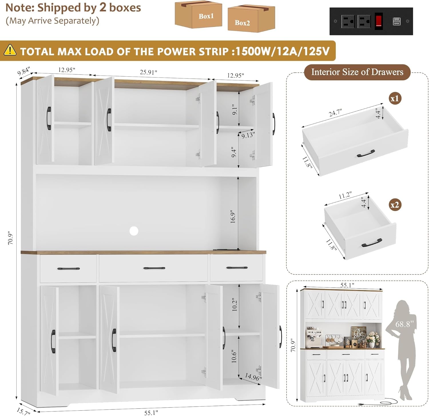 71" Tall Pantry Cabinet with Charging Station, 55" Wide Kitchen Pantry Storage Cabinet with Countertop, Large Kitchen Hutch with Storage Drawers and Microwave Stand for Dining Room, White