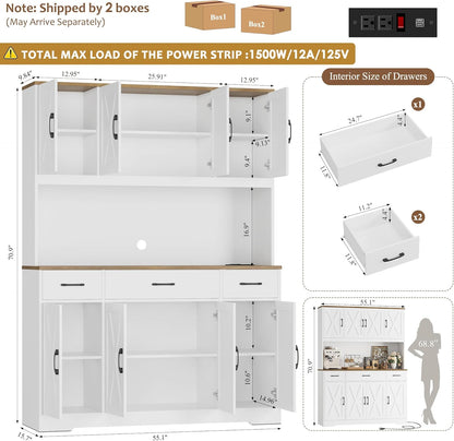 71" Tall Pantry Cabinet with Charging Station, 55" Wide Kitchen Pantry Storage Cabinet with Countertop, Large Kitchen Hutch with Storage Drawers and Microwave Stand for Dining Room, White