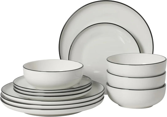 Havenstone 12-Piece Porcelain Dinnerware Set – Dinner Plates, Salad Plates & Bowls, Classic White with Black Rim Everyday Dish Set for Home, Kitchen, Microwave & Dishwasher Safe