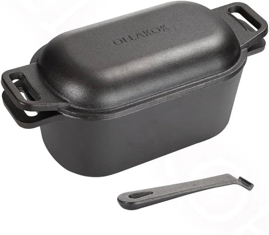 2-In-1 Pre-Seasoned Cast Iron Dutch Oven Pot with Lid as Skillet, Grill Pan, with Lid Lever, Dual Loop Handles, Oval Heavy Dutch Oven for Bread Baking, Frying, Camping, BBQ, 3.8 QT Black