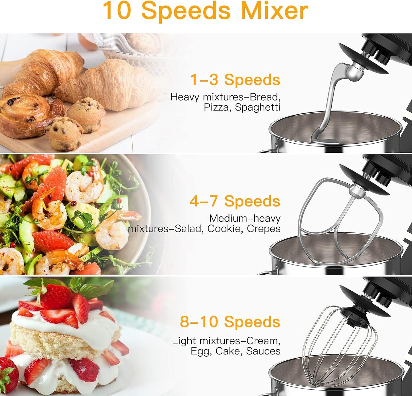 7.5 QT Stand Food Mixer, 10-Speed Tilt Head 3 In-1 Kitchen Electric Mixer with Stainless Steel Bowl, Egg Whisk, Dough Hook, Beater, Splash Guard, Compact Dough Mixer for Home Cooks, Black