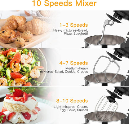 7.5 QT Stand Food Mixer, 10-Speed Tilt Head 3 In-1 Kitchen Electric Mixer with Stainless Steel Bowl, Egg Whisk, Dough Hook, Beater, Splash Guard, Compact Dough Mixer for Home Cooks, Black