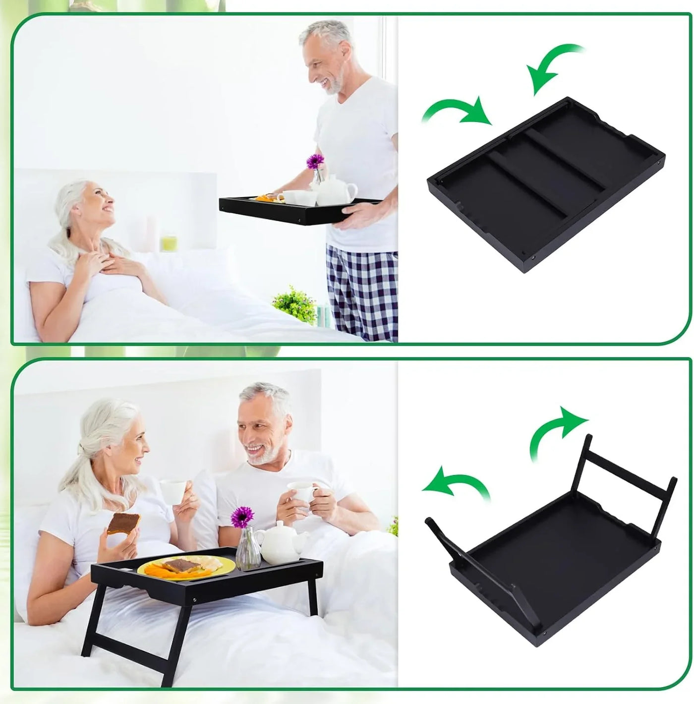 Bed Tray Table with Handles Folding Legs,Bamboo Breakfast Food Tray with Media Slot,Use as Platter,Laptop Desk,Snack,Tv Tray Kitchen Serving Tray Black Large