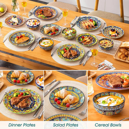 Plates and Bowls Sets,12-Piece Porcelain Dinnerware Set Service for 4, Bohemian Style Dishes Set for 4, Kitchen Dinner Set, Microwave and Dishwasher Safe, Scratch Resistant, Series KRVI