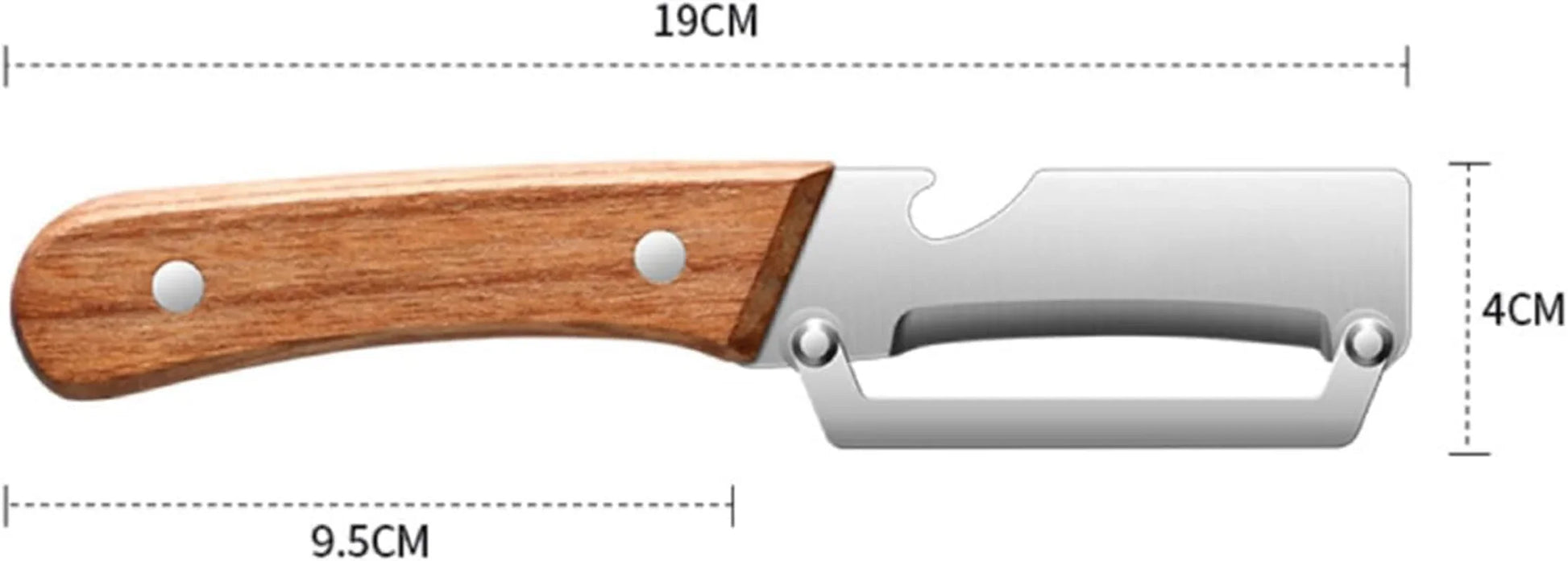 Stainless steel cheese slicer with wooden handle, 19cm long and 4cm wide, kitchen utensil