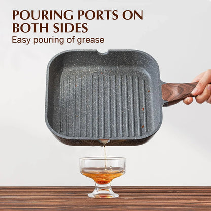 Nonstick Grill Pan for Stove Tops, Versatile Griddle with Pour Spouts, Square Big Cooking Surface, Durable Skillet Indoor & Outdoor Grilling. PFOA Free, 9.5 Inch