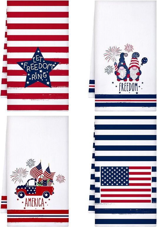 4 Pcs 4Th of July Patriotic Kitchen Towels American Flag Stars Dish Towels Independence Day Hand Towel Red White Blue 250Th Anniversary for Kitchen Housewarming Gifts Memorial Day Home, 15.7" X 23.6"