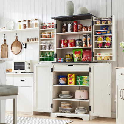 72" Tall Kitchen Pantry, Farmhouse Storage Cabinet with Barn Doors, Organizer, Drawer and Adjustable Shelves, Rustic Wood Cupboard for Kitchen, Dining Room, Bathroom, off White | Barn Doors, Organizer, Drawer, Adjustable Shelves, Cupboard