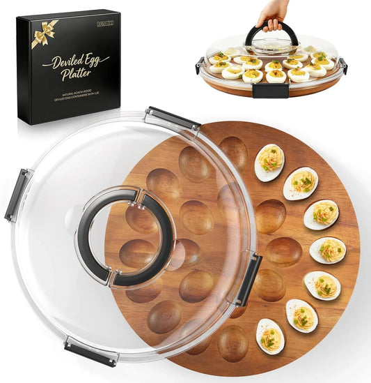 Deviled Egg Containers with Lid (24 Eggs), 2026 Upgraded Acacia Wooden Deviled Egg Tray Platter for Party and Home Kitchen, the Lid Is Dishwasher Safe (Black)