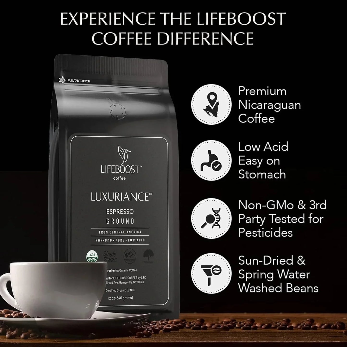 Organic Espresso Ground Coffee - Non-Gmo Low Acid Single Origin USDA Shade Grown Organic Espresso Coffee - Third Party Tested for Mycotoxins & Pesticides 12Oz Bag