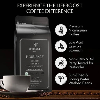 Organic Espresso Ground Coffee - Non-Gmo Low Acid Single Origin USDA Shade Grown Organic Espresso Coffee - Third Party Tested for Mycotoxins & Pesticides 12Oz Bag