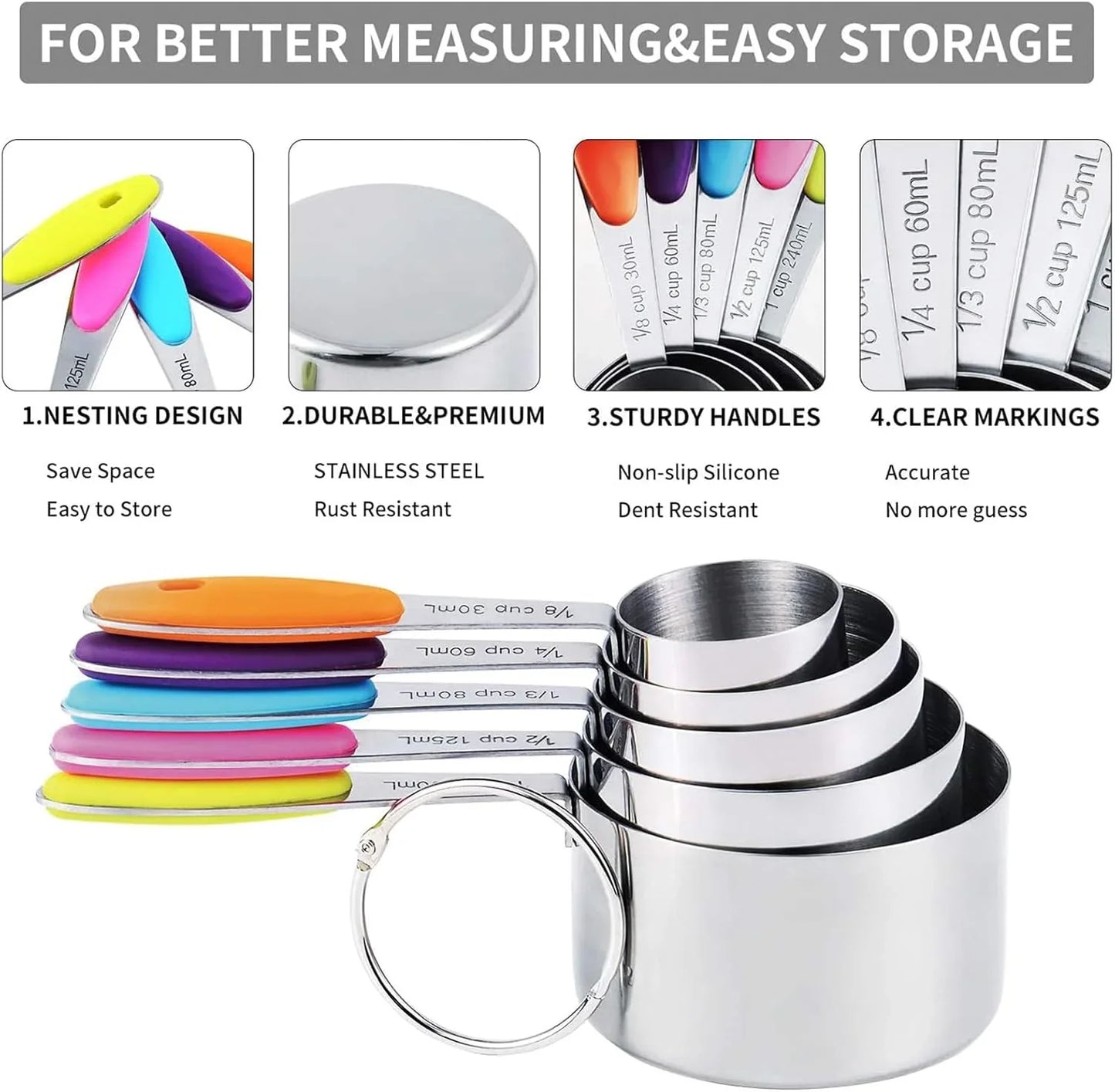 Measuring Cups and Magnetic Measuring Spoons Set, Stainless Steel Measuring Cups, 6 Double-Sided Stainless Steel Measuring Spoons & 1 Leveler (12)