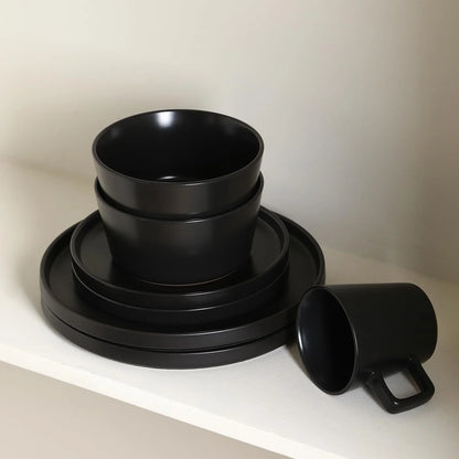 Celina Stoneware 16 Piece Modern Dinnerware Set, Plates and Bowls, Black Matte, Service for 4, Microwave & Dishwasher Safe