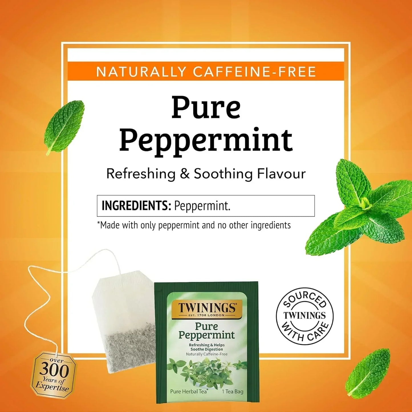 Twinings Pure Peppermint herbal tea bag, naturally caffeine-free, refreshing soothing flavor, pure peppermint leaves