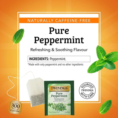 Twinings Pure Peppermint herbal tea bag, naturally caffeine-free, refreshing soothing flavor, pure peppermint leaves