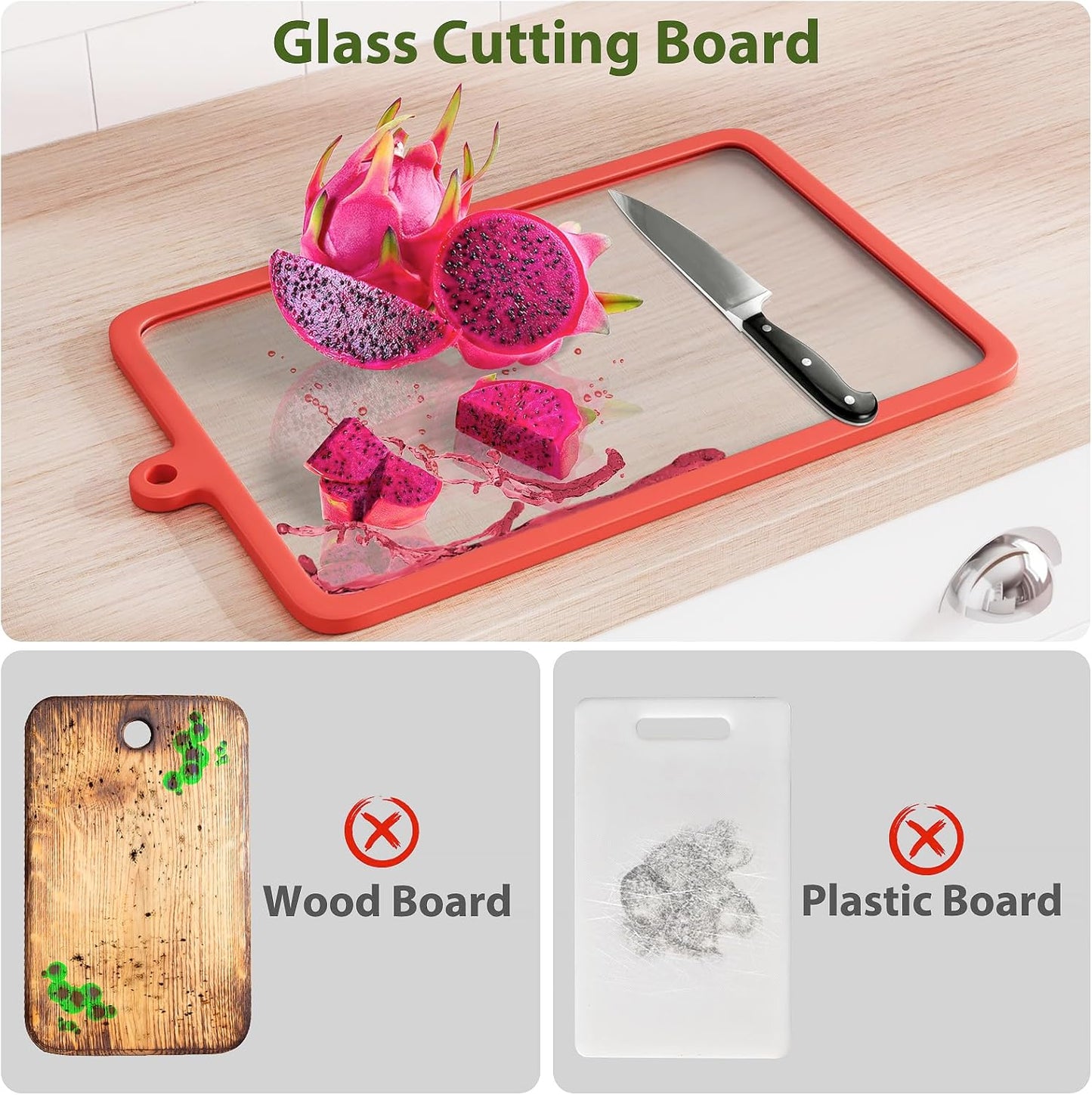 Cutting Board,  Glass Cutting Boards for Kitchen, 2Pcs Chopping Board Set with Non-Slip Edges & Hanging Hole, Dishwasher- Safe Clear Cutting Board for Countertop, Meal Prep & Serving