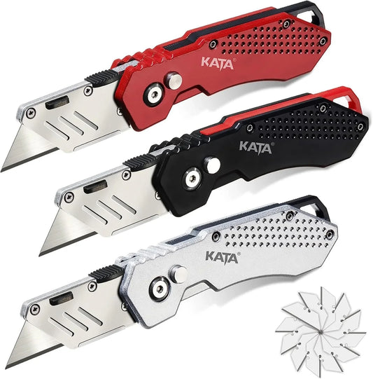 3-Pack Heavy Duty Box Cutter Folding Utility Knife with Zinc Alloy Body, Quick Change Blades, Lock-Back Design, Extra 12Pc Blades for Cartons, Cardboard and Boxes