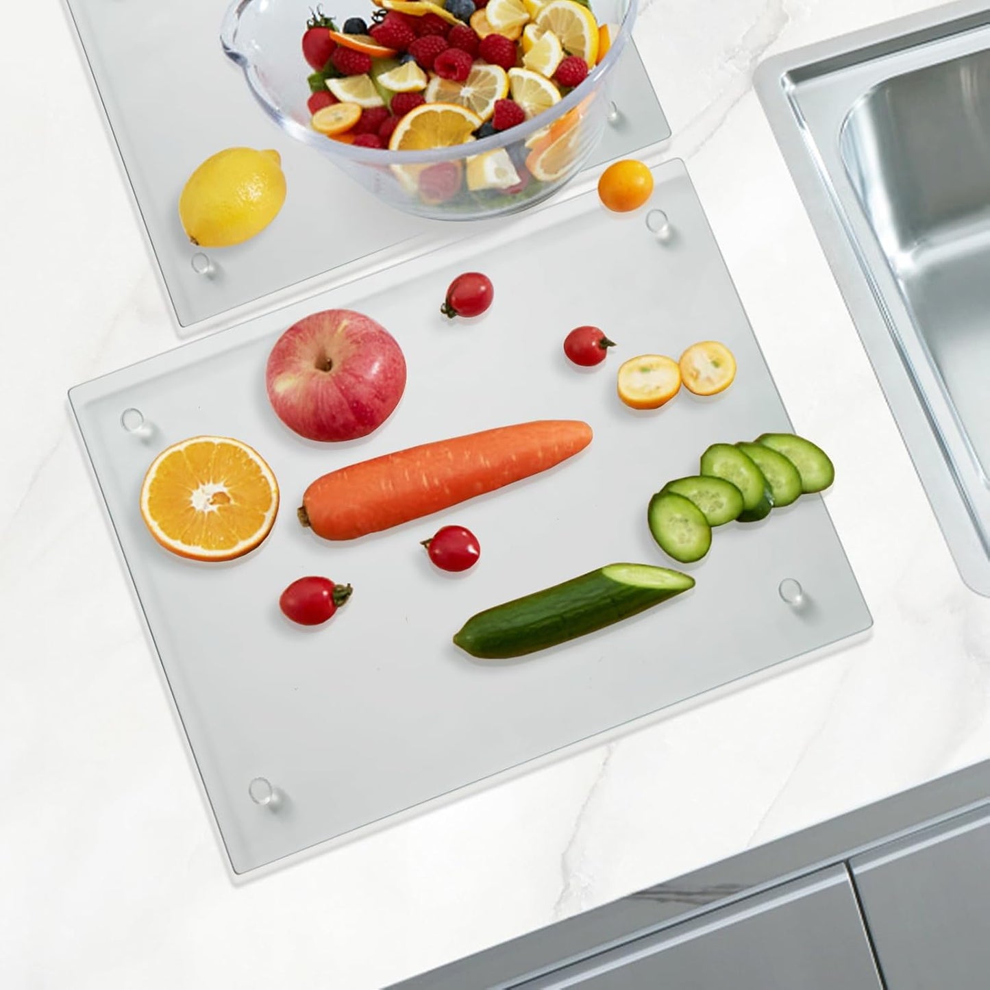 Tempered Glass Cutting Board for Kitchen, Clear Glass Board for Countertop, Heat Resistant, with Non-Slip Feet, 12X16" & 12X8" 2 Pcs Clear