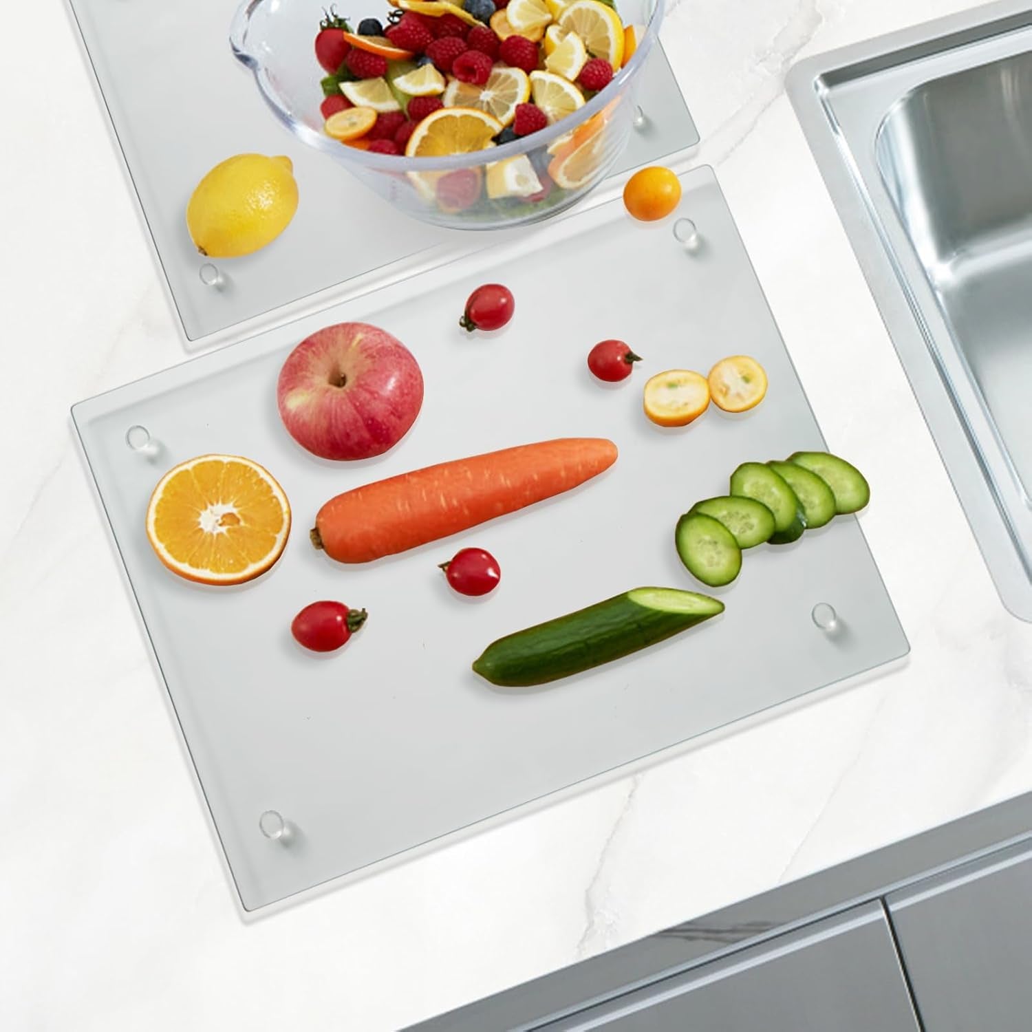 Tempered Glass Cutting Board for Kitchen, Clear Glass Board for Countertop, Heat Resistant, with Non-Slip Feet, 12X16" & 12X8" 2 Pcs Clear