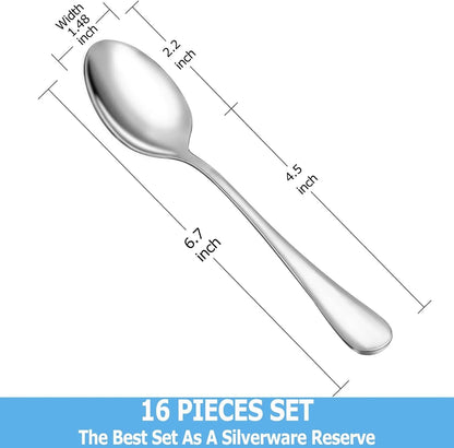 Teaspoon Set,16 Piece 6.7" Spoons Silverware, Premium Food Grade Stainless Steel Tea Spoons, Durable Small Spoon, Good Teaspoons, Kitchen Dessert Spoon Set, Mirror Finish & Dishwasher Safe