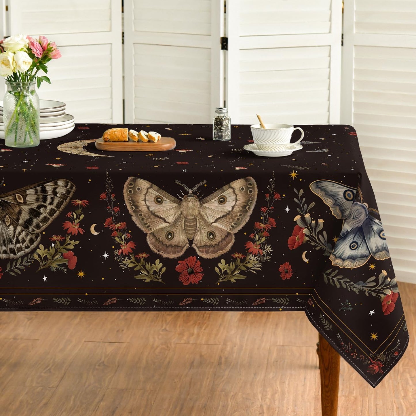 Butterflies Stars Moon Tablecloth 60×84 Inch Rectangular, Black Gothic Vintage Style Washable Table Cover for Party Dinner Patio Garden Picnic
