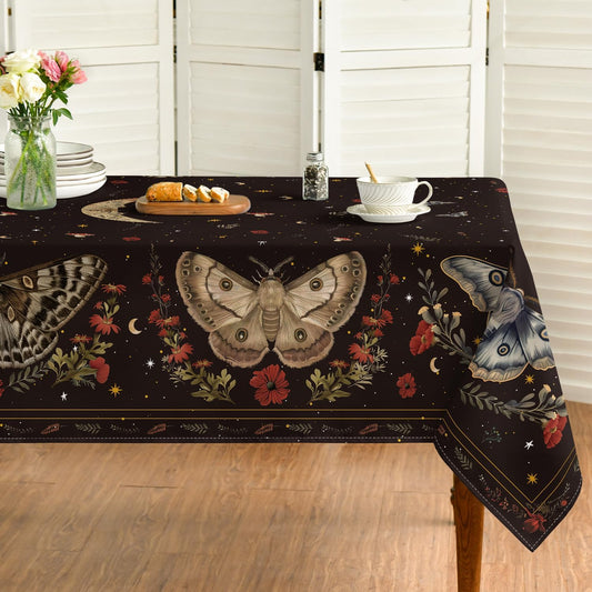 Butterflies Stars Moon Tablecloth 60×84 Inch Rectangular, Black Gothic Vintage Style Washable Table Cover for Party Dinner Patio Garden Picnic