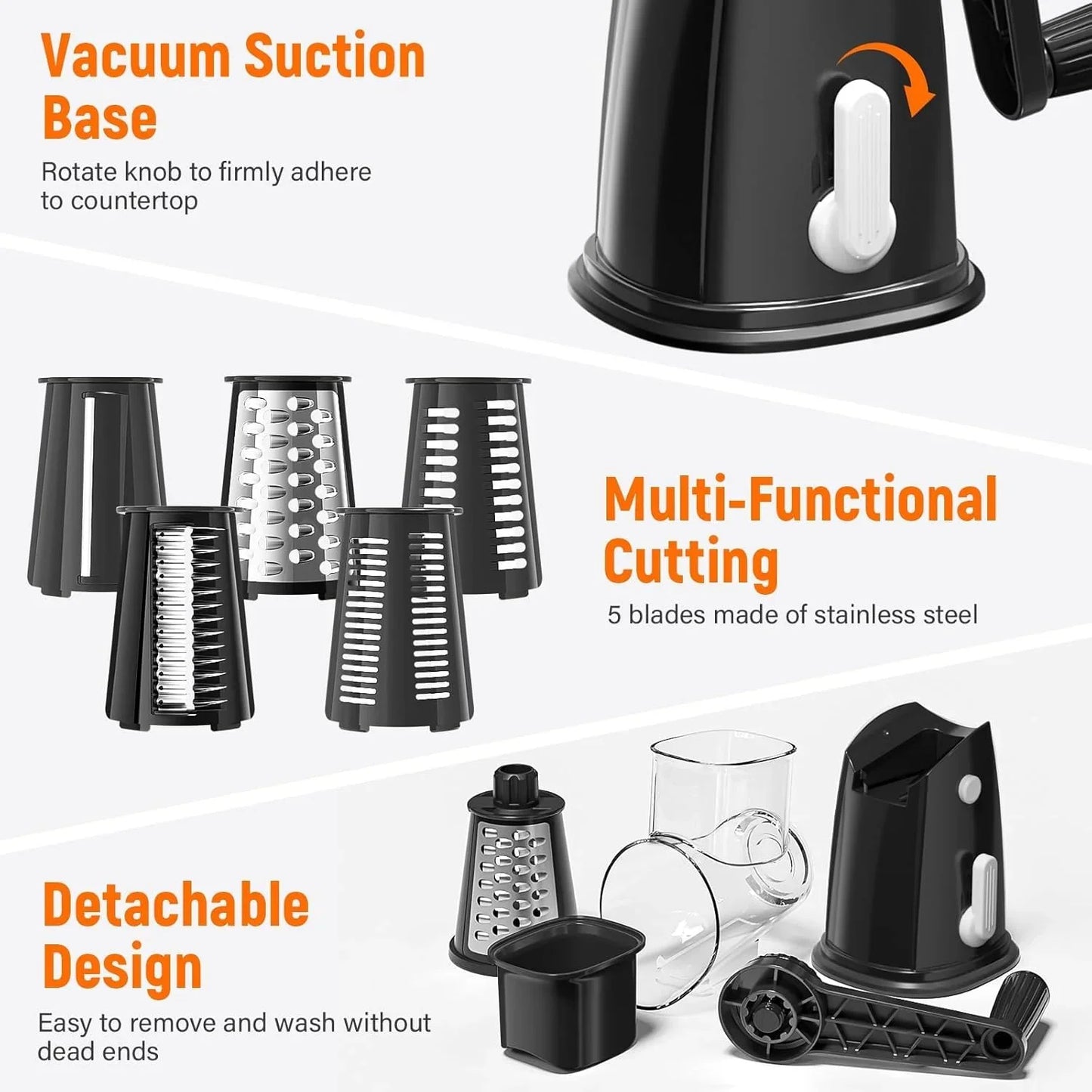Rotary Cheese Grater Hand Crank, with 5 Blades for Chopper Shredder Spiralizer Slicer for Vegetable Cheese Fruit, Food Chopper for Kitchen with Blades Storage Box & Suction Base (Black)