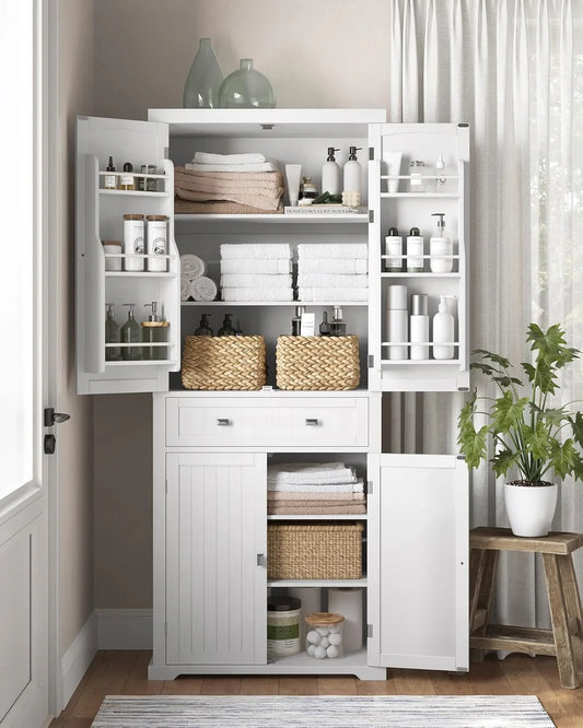 Pantry Cabinet, 71.7-Inch High Freestanding Tall Cupboard Storage Cabinet with a Drawer, 2 Cabinets, 4 Adjustable Shelves, 6 Door Shelves, for Living Room, Kitchen, White UBBC561P31V2