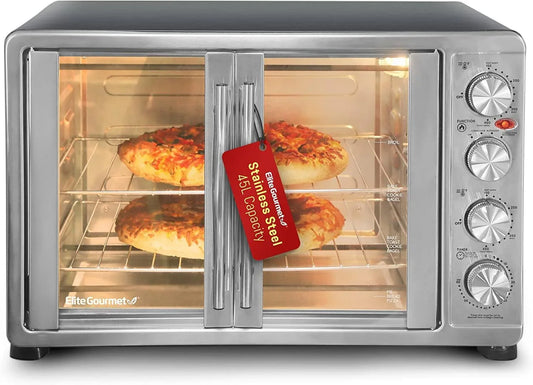 ETO4510B French Door 47.5Qt, 18-Slice Convection Oven 4-Control Knobs, Bake Broil Toast Rotisserie Keep Warm, Includes 2 X 14" Pizza Racks, Stainless Steel