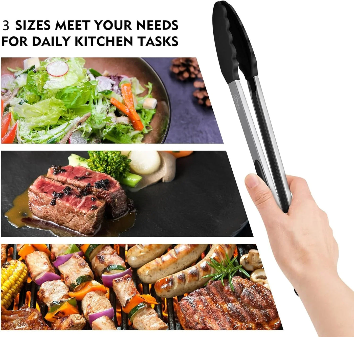 Premium Stainless Steel Locking Kitchen Tongs with Silicon Tips, Heat Resistant Cooking Tongs Set of 3-7", 9" and 12" (Black)