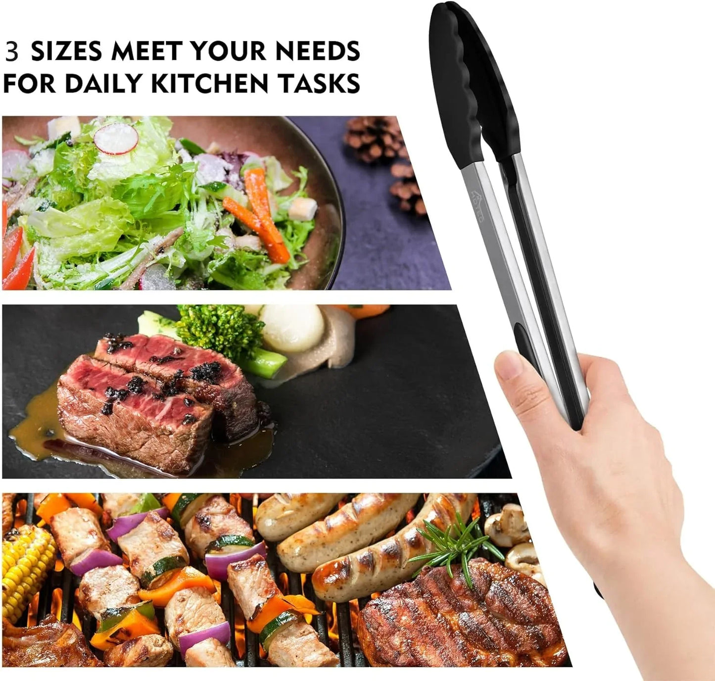 Premium Stainless Steel Locking Kitchen Tongs with Silicon Tips, Heat Resistant Cooking Tongs Set of 3-7", 9" and 12" (Black)