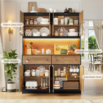 71" Pantry Cabinet with LED Light and Charging Station, Farmhouse Kitchen Pantry Cabinet with Microwave Stand, 47.2" Wide Kitchen Hutch Food Pantry with Open Countertop, Black/Brown