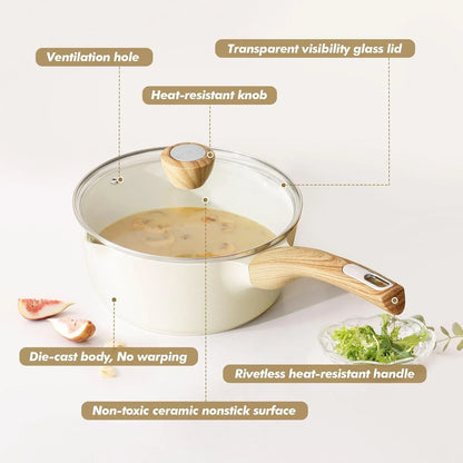 Ceramic Nonstick Sauce Pan with Lid, 1.5 Quart Small Saucepan, White Cooking Pot with Stay Cool Handle, Non Toxic Kitchen Sauce Pot, Non Stick Saucier Pan, Induction Pot, PFOA PTFE PFAS Free
