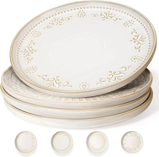 Large Ceramic Dinner Plates Set of 4, 10.75 Inch Embossed Kitchen Salad Plates, Modern Serving Plates for Restaurant, Plates with Lipped Edges, Microwave Dishwasher Safe (Multiple Patterns)