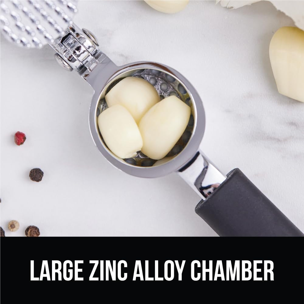 Garlic Press and Peel Set, Heavy Duty Mincer Tool, Large Ergonomic Handle, Easily Mince and Crush Garlics, Ginger, Nuts, Seeds, Peeler Included, Peeling Cloves, Kitchen Gadgets, Black