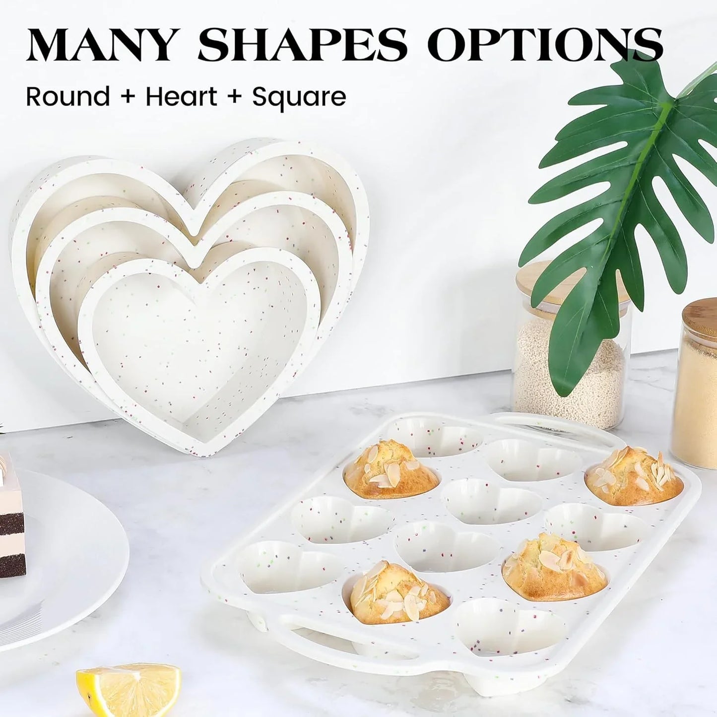 2 Pcs Heart Shaped Muffin Pan with Metal Reinforced Frame 12 Cup Nonstick Silicone Heart Cake Mold for Baking 2.5 Inch Cupcake Tray (Cream)