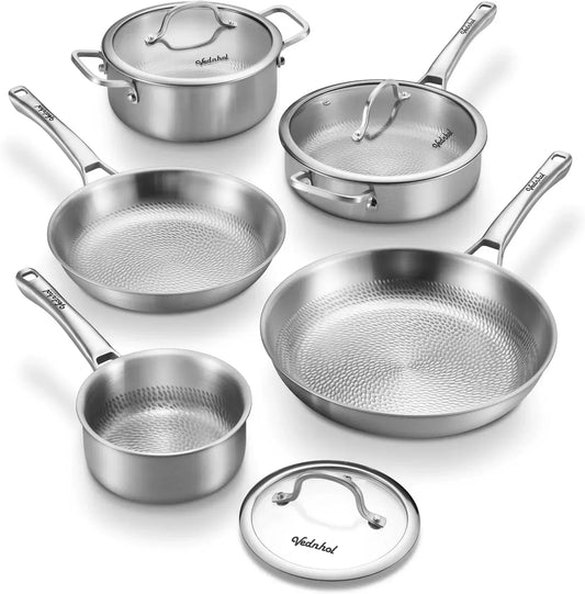 Stainless steel cookware set with hammered finish, pots, pans, and glass lids for everyday cooking