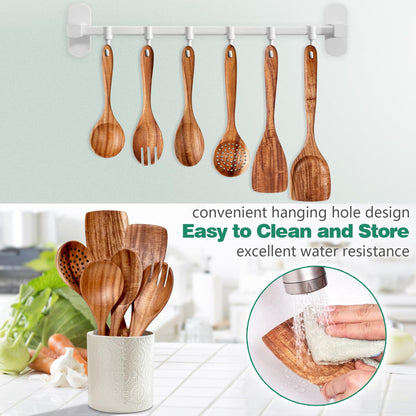 Wooden Spoons for Cooking, Teak Wood Kitchen Utensil Set, Premium Handmade Wooden Utensils for Nonstick Cookware, Heat Resistant, Smooth Finish, Comfortable Grip, 6 Piece