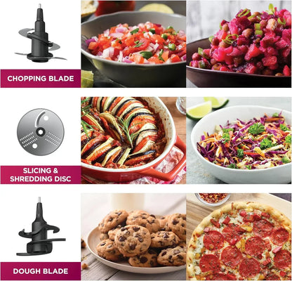 Chopping, slicing, shredding, and dough blades for food prep with fresh salads, baked dishes, cookies, and pizza