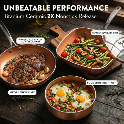 Hammered 20 Pc Ceramic Cookware Set Nonstick, True Ceramic Pots and Pans Set Non Stick with Deep Square Pan Set & Bakeware Set, Non Toxic PFOA PFOS Free, Oven & Dishwasher Safe
