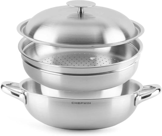 316 Stainless Steel 11-Inch 4.5 Quart Heavy Duty Wok Pan with Lid and Steamer, Stir Fry Pan, 5Ply, Induction Cookware, Dishwasher Safe, Oven Safe