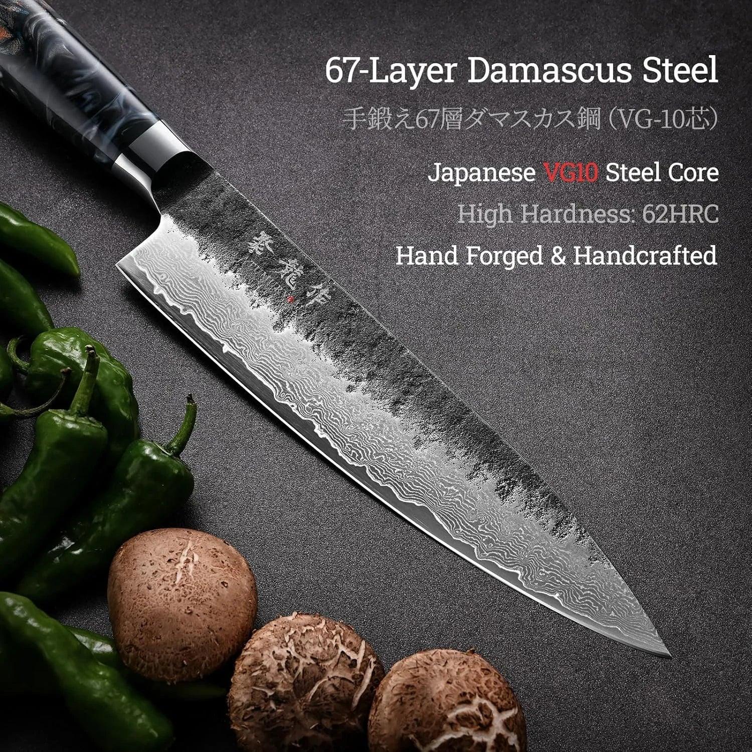 67-layer Damascus steel Japanese chef knife with mushrooms and green peppers on dark surface