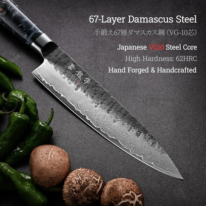 67-layer Damascus steel Japanese chef knife with mushrooms and green peppers on dark surface