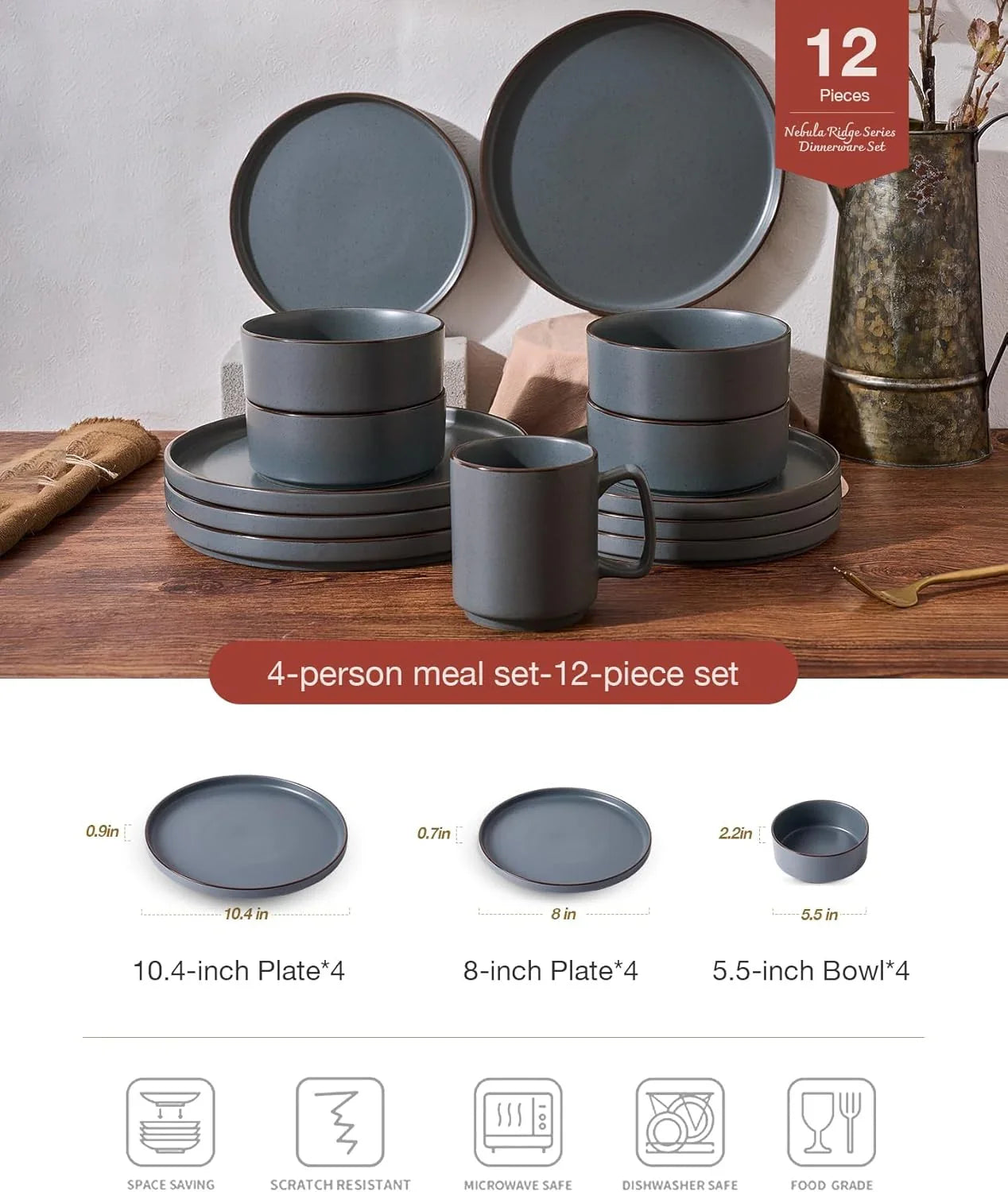 Nebula Ridge Stoneware Dinnerware Sets, Plates and Bowls Sets for 4, 12 Pieces Dishes Set, Microwave and Dishwasher Safe Kitchen Plates, Charcoal