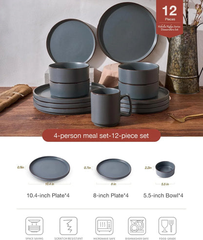 Nebula Ridge Stoneware Dinnerware Sets, Plates and Bowls Sets for 4, 12 Pieces Dishes Set, Microwave and Dishwasher Safe Kitchen Plates, Charcoal